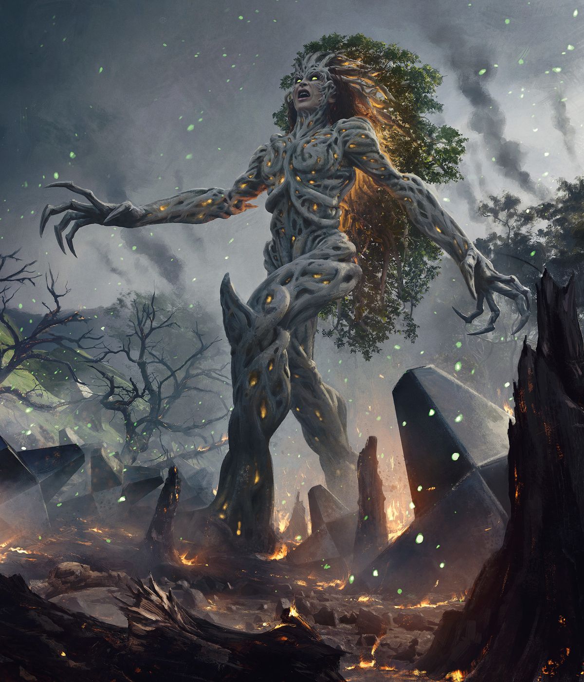 Arte completo para Titania, Gaea Incarnate presenta a una gigantesca Treewoman caminando hacia un campo de batalla en llamas lleno de obeliscos con forma de trampa para tanques.