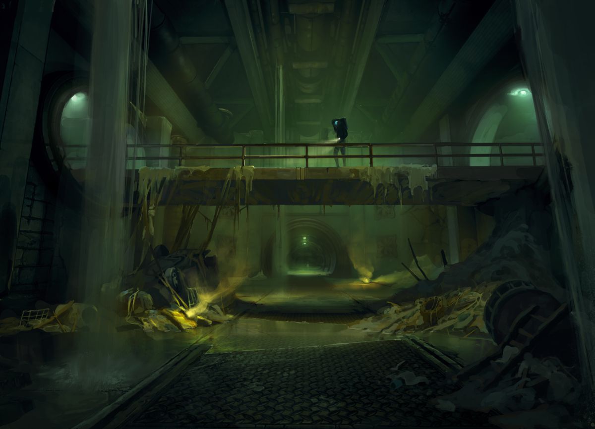 Pintura conceptual en color que representa una habitación grande en una alcantarilla subterránea con una figura solitaria que lleva una linterna de pie en el centro de una pasarela sobre la alcantarilla.