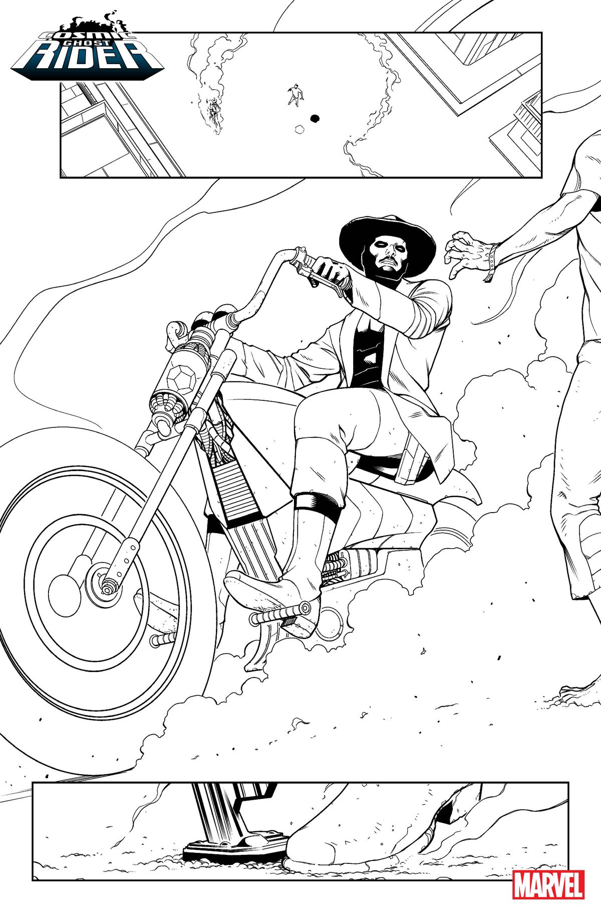 Un tipo con un sombrero ancho detiene una motocicleta amenazadoramente en el arte en blanco y negro de Cosmic Ghost Rider # 1 (2023).
