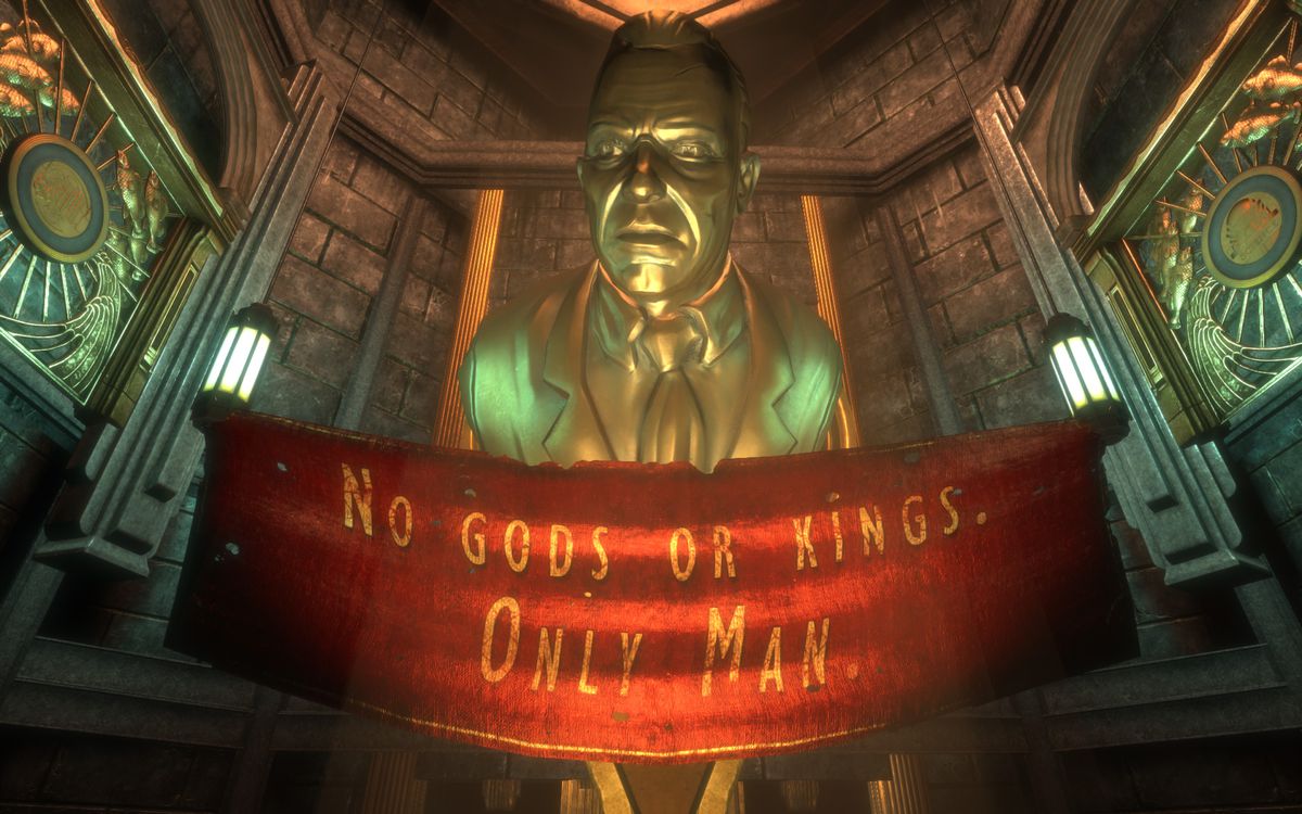 Una escena memorable del BioShock original: el busto de bronce del fundador de Rapture, Andrew Ryan, envuelto en una pancarta que dice 