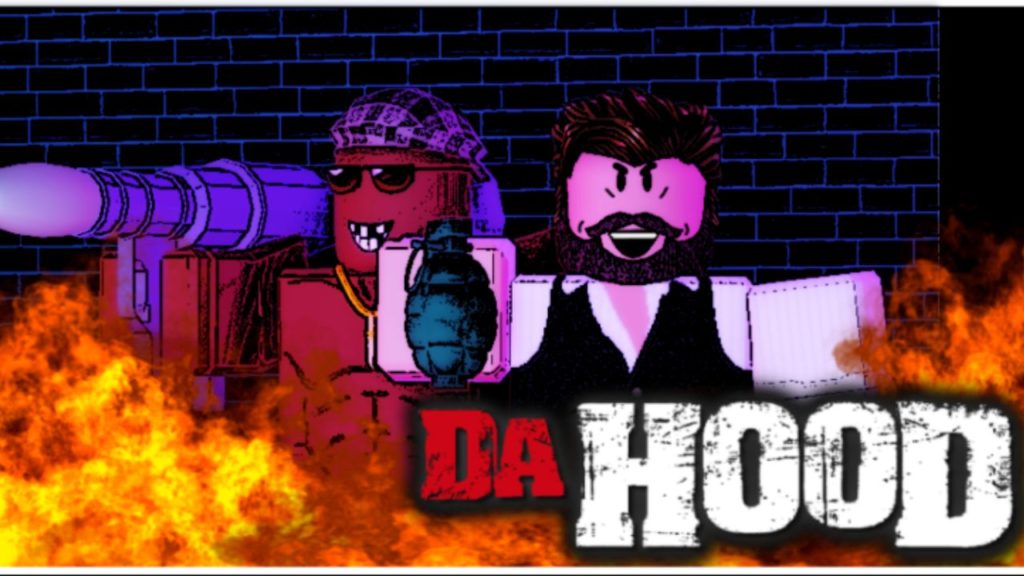 Imagen destacada de nuestra guía Da Hood Code.  Presenta una imagen promocional de Da Hood con dos personajes posando con armas.
