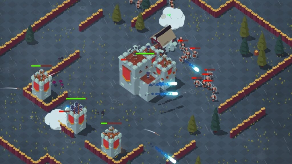 La imagen destacada de nuestro artículo de lanzamiento de Northern Kingdoms con una captura de pantalla del juego.  La captura de pantalla muestra una torre siendo atacada por enemigos.  La torre se defiende y utiliza sus muros circundantes.