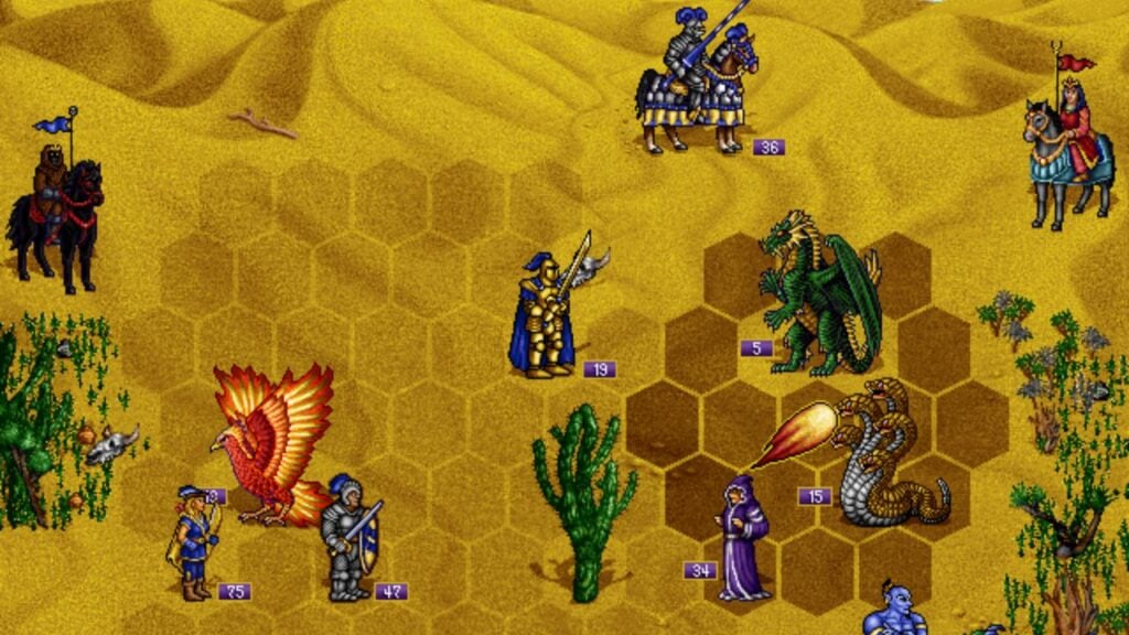 Imagen destacada de nuestro artículo sobre la versión de Android de Heroes of Might and Magic 2. Muestra una captura de pantalla de una batalla del juego con varios soldados y monstruos.