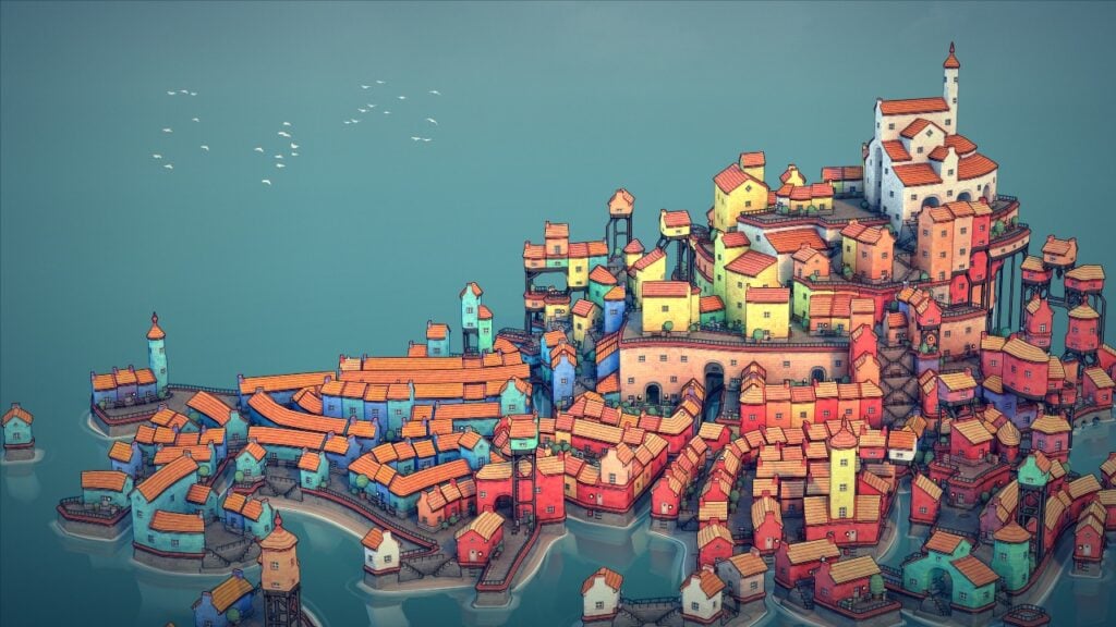 La imagen destacada de nuestra lista de los mejores juegos casuales de Android con el juego Twonscaper.  La imagen en sí muestra una vista de una ciudad costera muy unida.